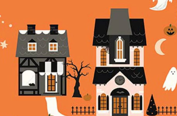 Frank and Friends Houses Orange C17471-ORANGE My Mind's Eye for Riley Blake Half Yard