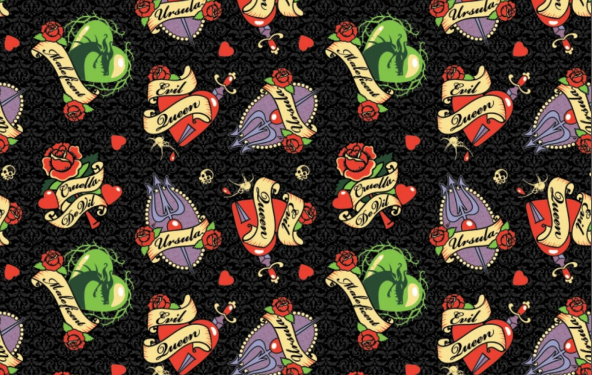 Disney Villain's Tattoo Badges Black Flannel by Camelot Fabrics sold by the Half Yard