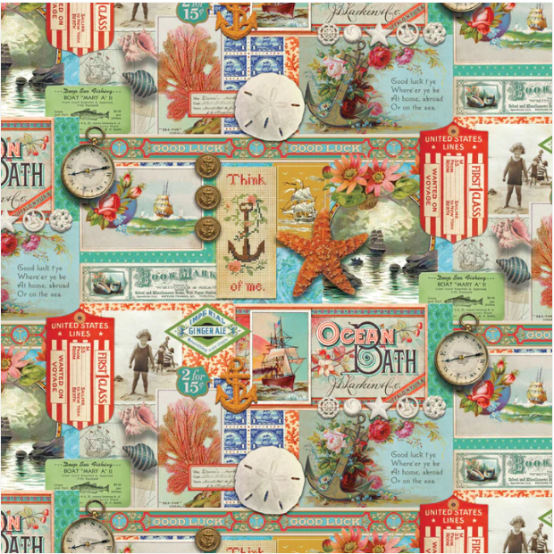 Saltwater Nautical: All Aboard Patchwork Collage Vintage Ephemera By Cathe Holden For MODA FABRICS 39571 11 By The Half Yard