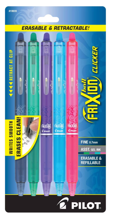 Pilot FriXion 13989 Clicker Erasable Gel Ink Pens, Fine Point, 0.7mm, Assorted Ink, 5 Count 13989FX