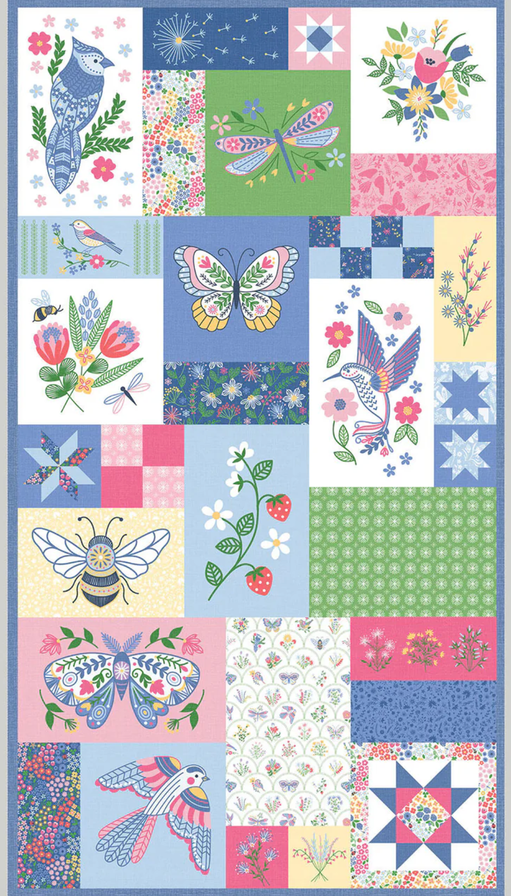 Ingrid's Wildflowers Birds and Butterflies Blue 23" Panel 18M