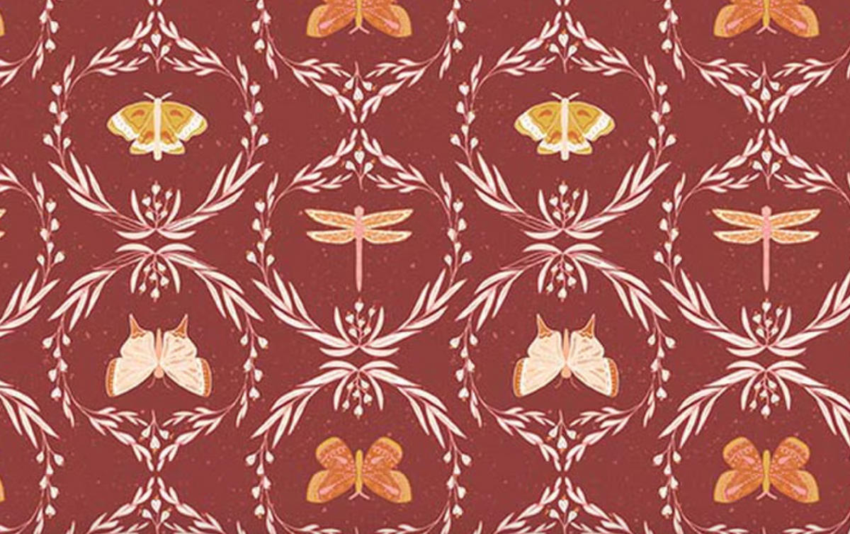 Aspen Lake C18981­-MARSALA Butterfly Wreath Marsala Amber Elliot Riley Blake Half Yard