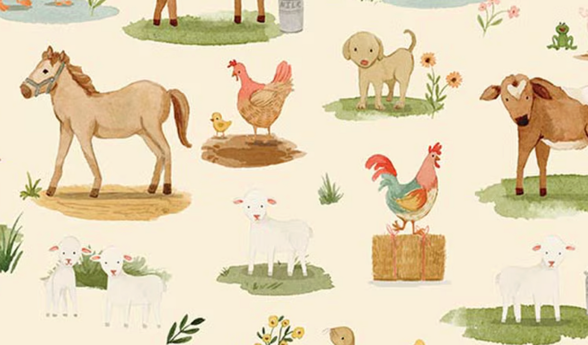 Lil' Farm Friends C17941­-CREAM Animals Kelsey Carlson Riley Blake Half Yard