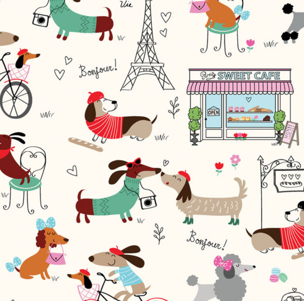 Parisian Pups 1473707B Paris Life Cream Kanvas Benartex Half Yard