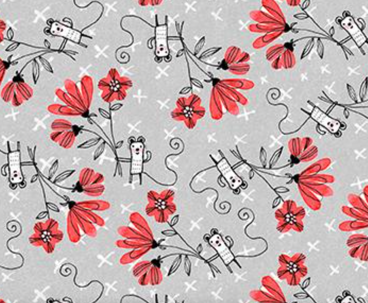 Elephant Joy 1041508B Fun Flowers Light Grey Terry Runyan Benartex Half Yard