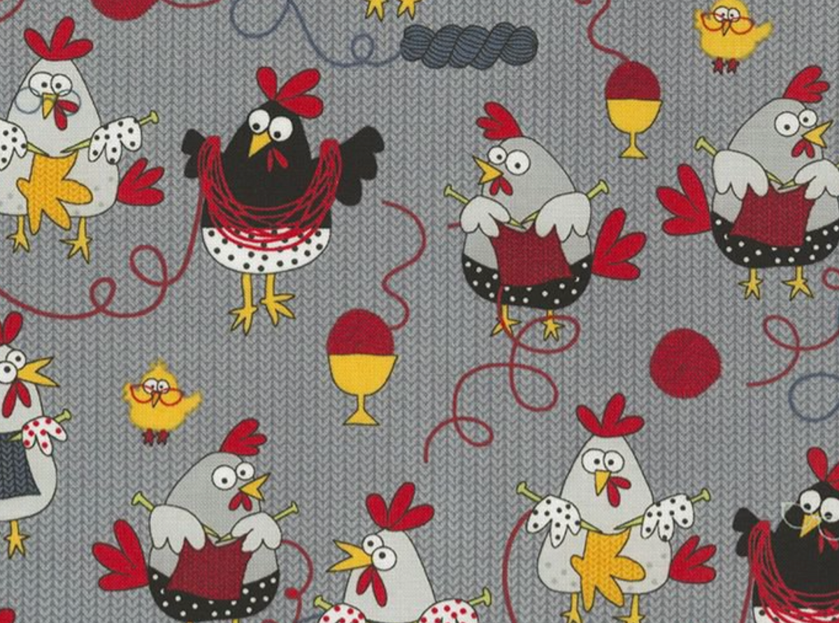 I Heart Knitting GAIL-C5605 GREY Knitting Chickens Gail Cadden Timeless Treasures Half Yard