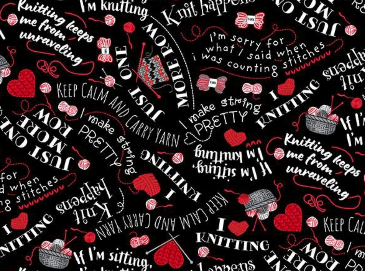 I Heart Knitting KNIT-CD4674 BLACK Knitting & Text Timeless Treasures Half Yard