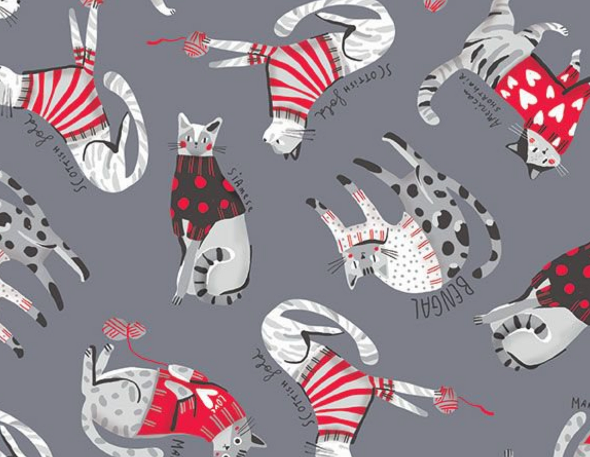 I Heart Knitting KNIT-CD4676 GREY Knitting Cats Timeless Treasures Half Yard