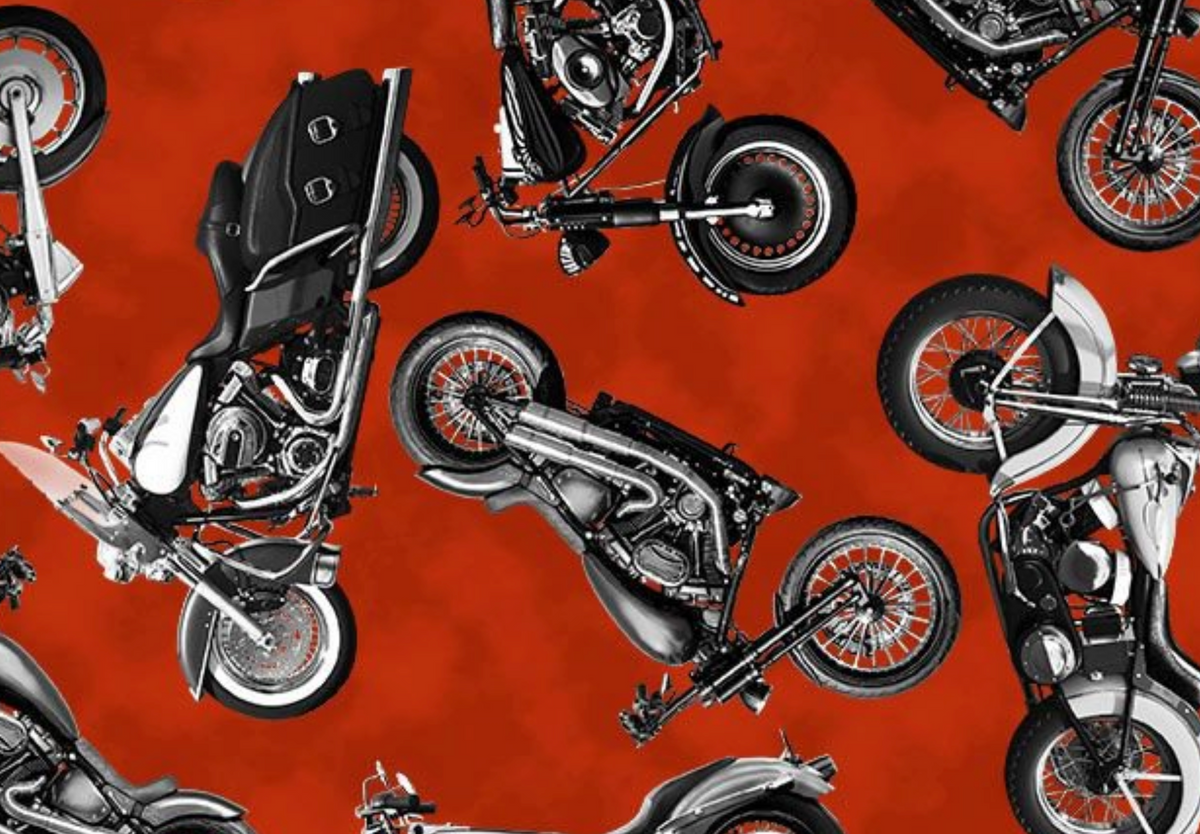 Born to Ride MICHAEL-CD4649 RED Tossed Motorcycle Michael Searle Timeless Treasures Half Yard