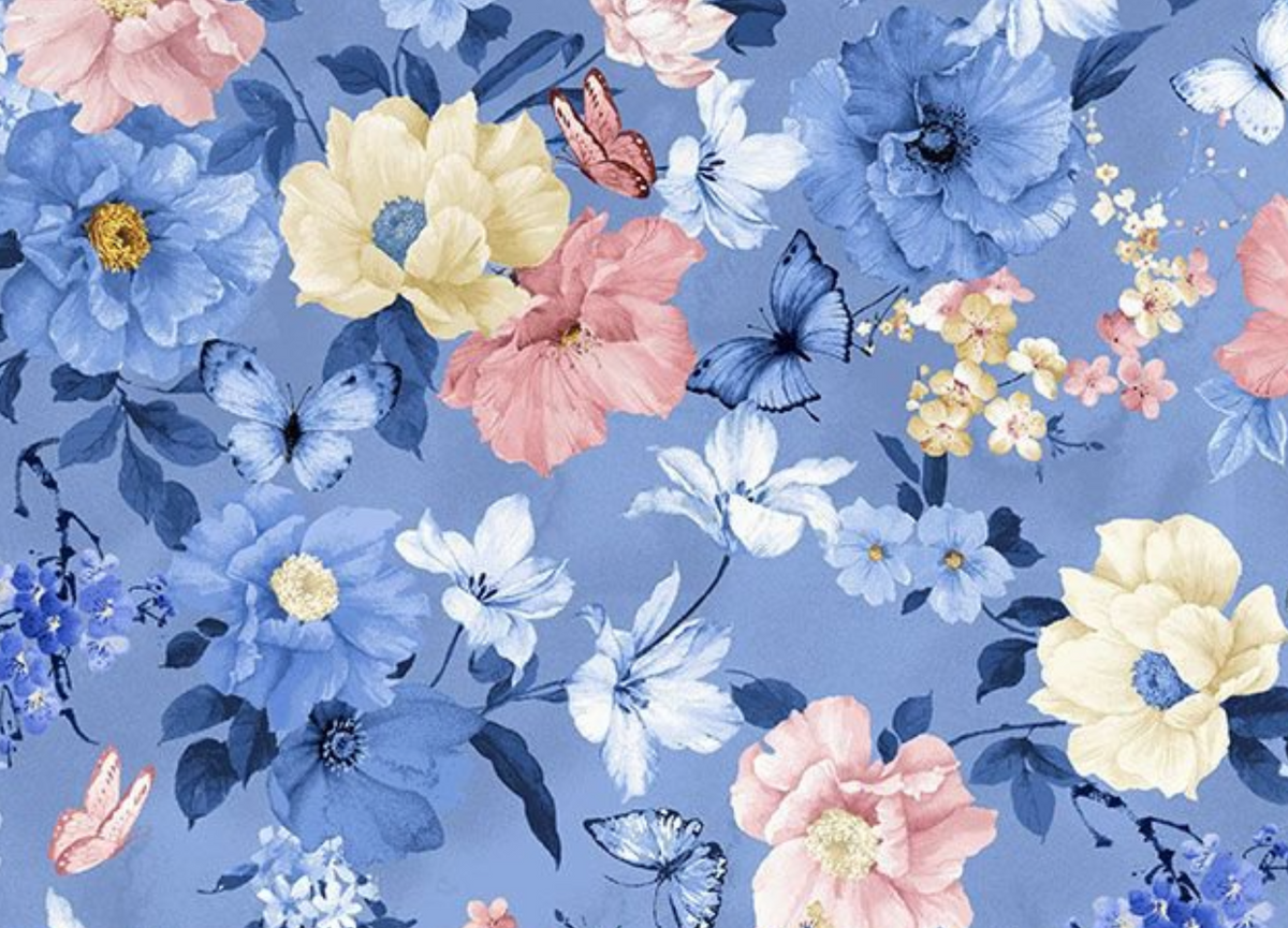 Sapphire SAPPHIRE-CD4665 DENIM Asian Floral & Butterflies Chong-a Hwang Timeless Treasures Half Yard