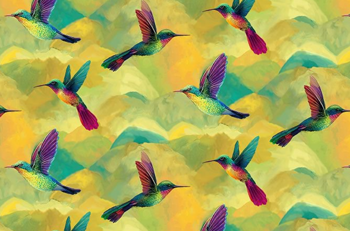 Vibrant Sky NATURE-CD4704 YELLOW Hummingbirds Timeless Treasures Half Yard