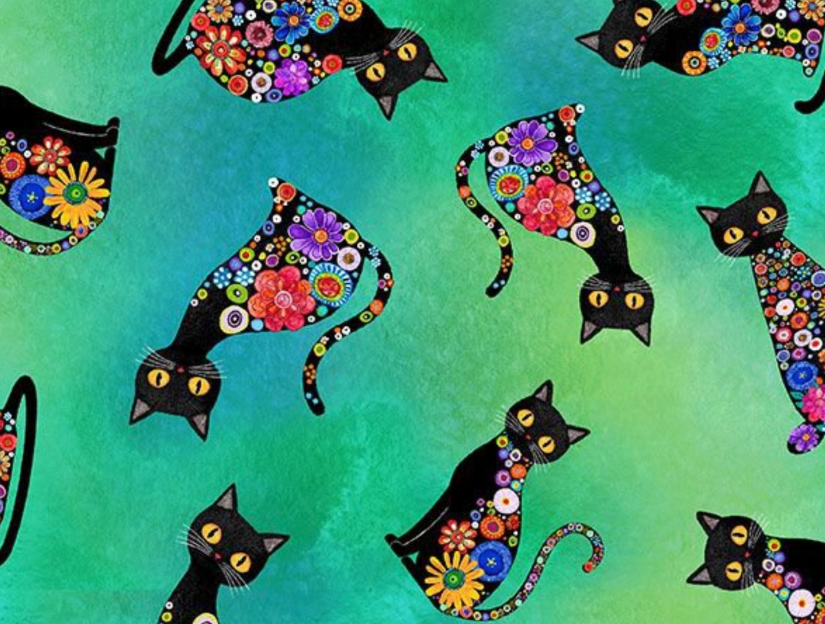 Purrsonality CAT-CD4602 GREEN Spaced Floral Cats Chong-a Hwang Timeless Treasures Half Yard