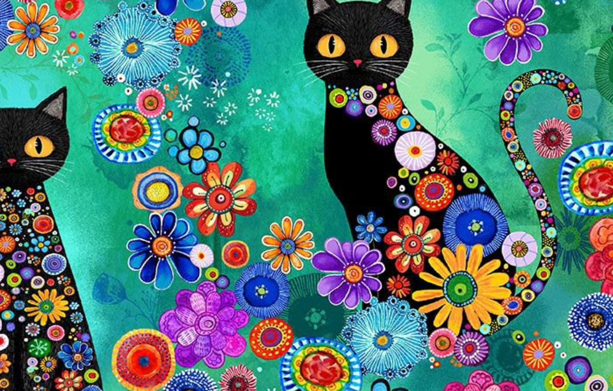 Purrsonality CAT-CD4601 MULTI Cats & Multi Floral Chong-a Hwang Timeless Treasures Half Yard