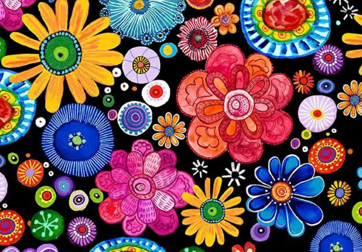 Purrsonality FLEUR-CD4607 BLACK Bright Floral Chong-a Hwang Timeless Treasures Half Yard