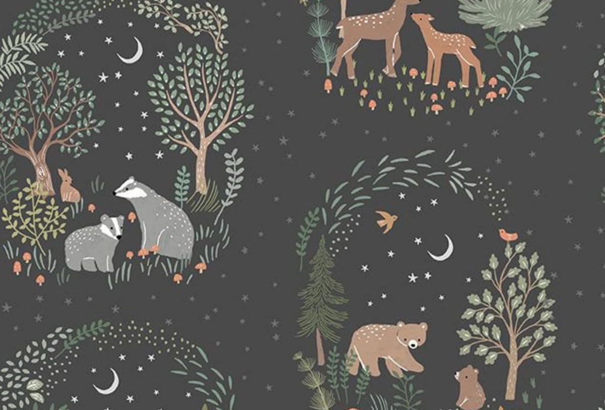 Timber & Tail STELLA-D3854 CHARCOAL Forest Fable Dear Stella Half Yard