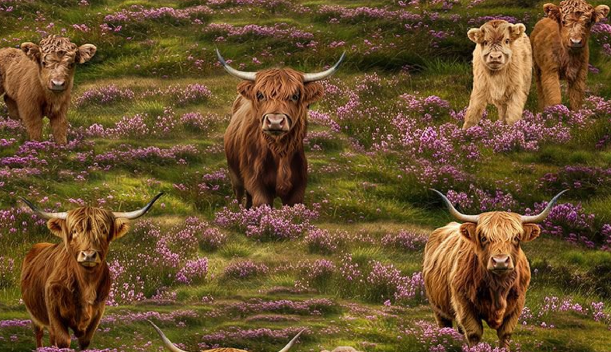 Heather & Highland WEST-CD4396 MEADOW Highland Cows Timeless Treasures Half Yard