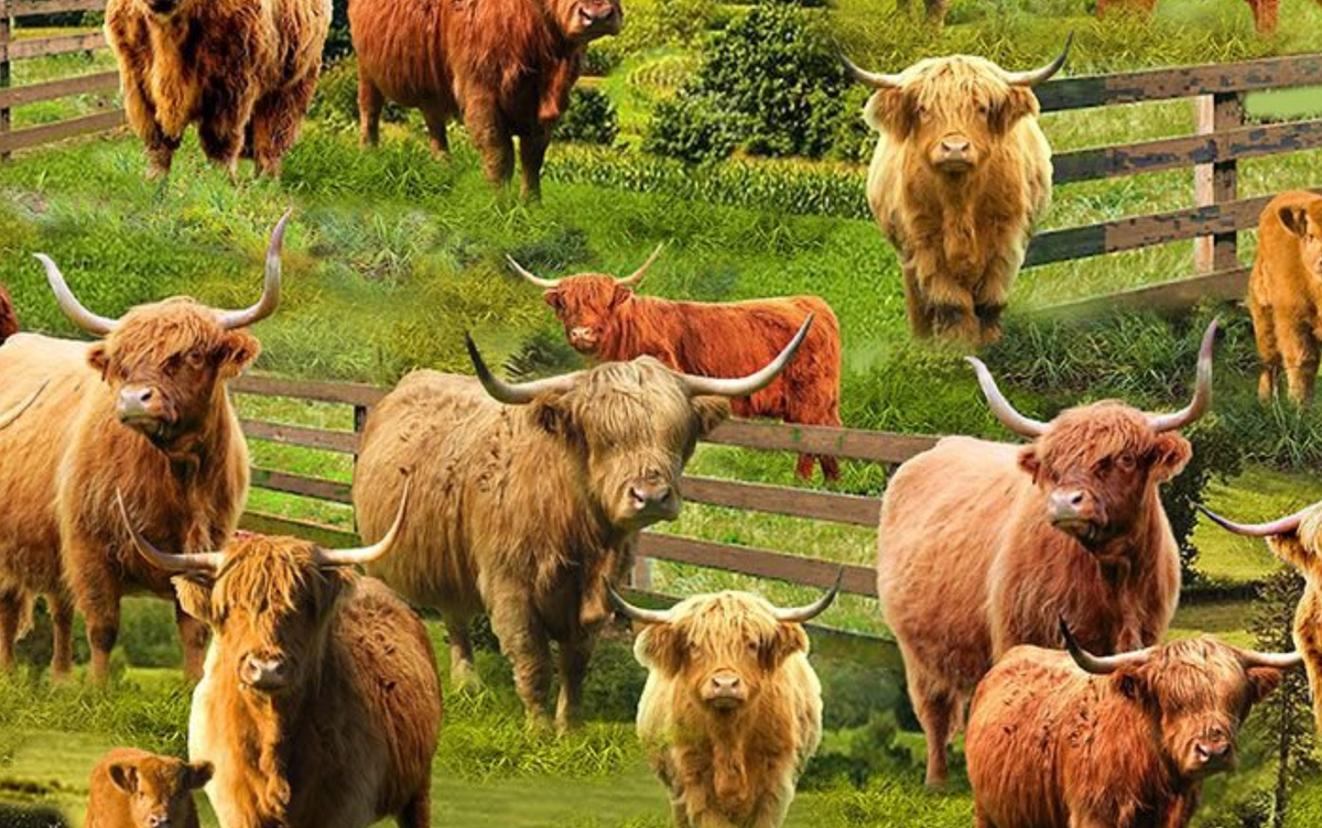 Heather & Highland FARM-CD3076 MULTI Highlands Cows Timeless Treasures Half Yard