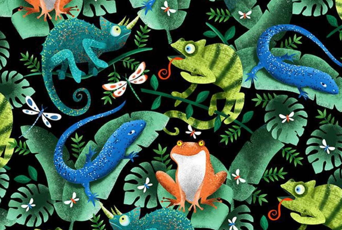 Pint-Sized Pets BUG-CD3335 FOREST Geckos, Frogs & Lizards Alice & Tilly Timeless Treasures Half Yard