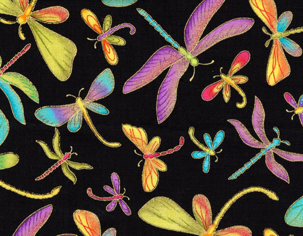 Pint-Sized Pets DRAGONFLY-M1 BLACK Metallic Dragonfly Alice & Tilly Timeless Treasures Half Yard