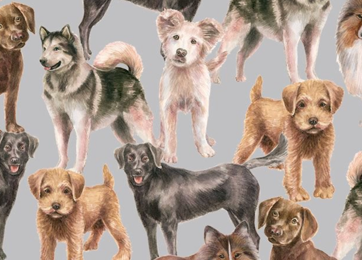 Top Dogs MICHAEL-CD4467 GREY Tossed Realistic Dogs Michael Searle Timeless Treasures Half Yard