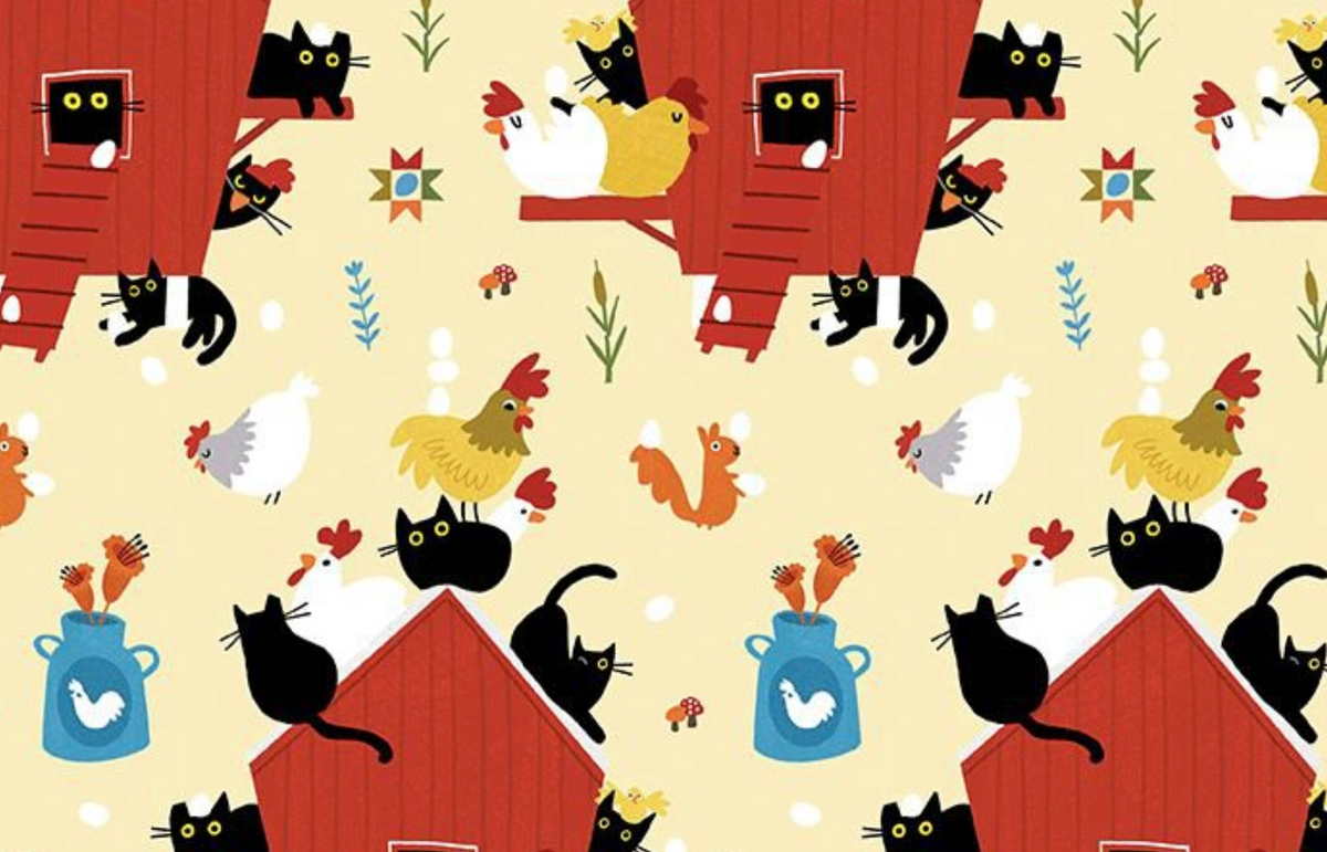 Bok Bok Meow STELLA-DLW3698 LEMON Cats in the Coop Leezaworks Dear Stella Half Yard