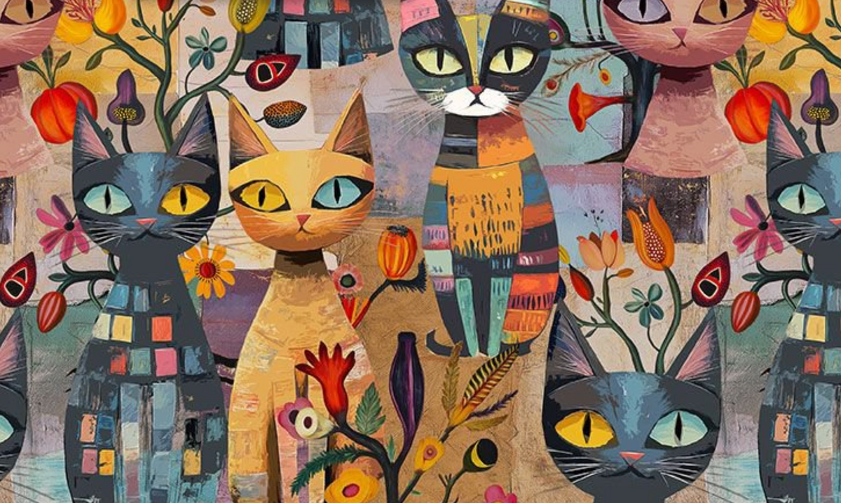 Feline Folk CAT-CD4483 BRIGHT Packed Cat & Floral Timeless Treasures Half Yard