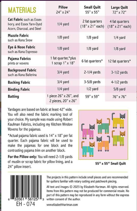 Cats in Pajamas Quilt Pattern EH 074 Elizabeth Hartman Moda Fabrics