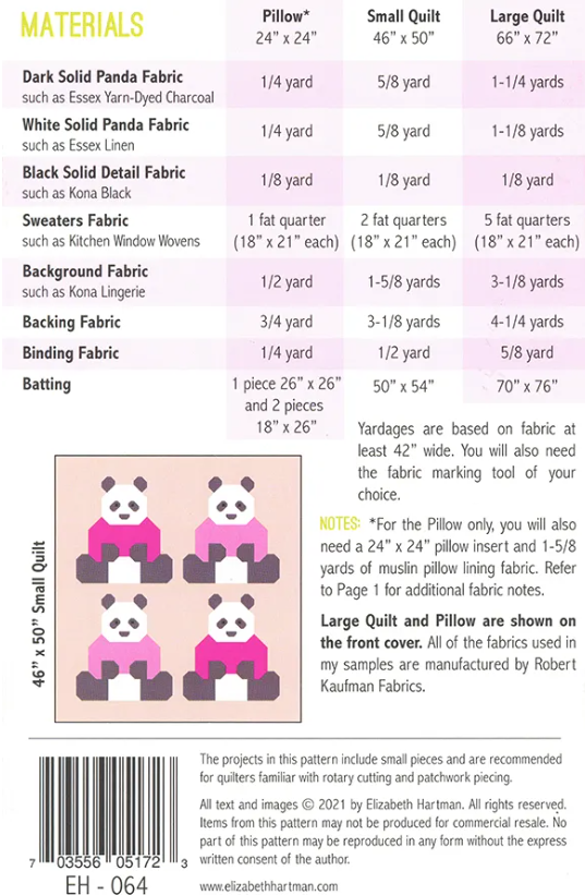 Pandas in Sweaters Quilt Pattern EH 064 Elizabeth Hartman Moda Fabrics