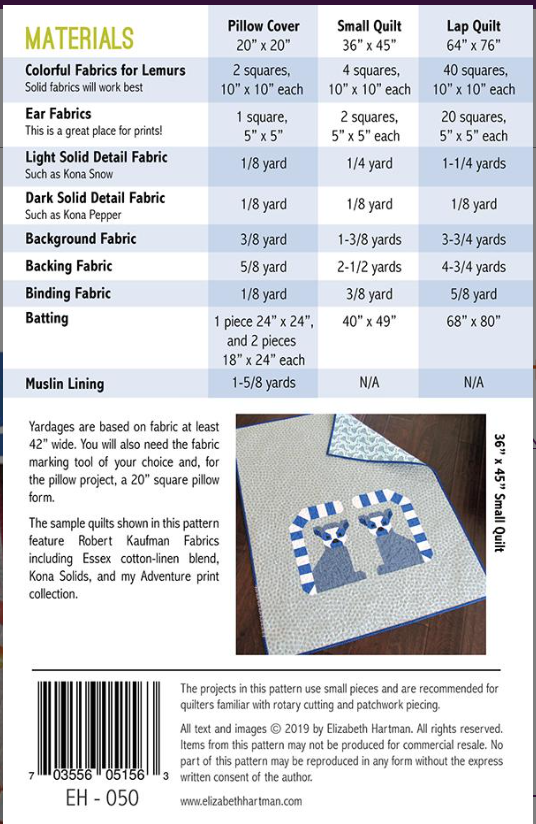 Lana Lemur Quilt Pattern EH 050 Elizabeth Hartman Moda Fabrics