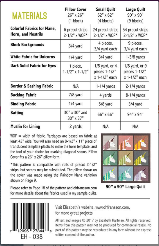 Lisa the Unicorn Quilt Pattern EH 038 Elizabeth Hartman Moda Fabrics