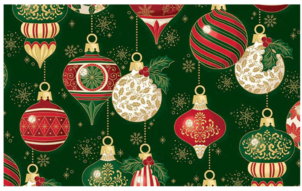 Poinsettias at Christmas Ornaments Green Foil CF17631-GREEN Riley Blake Half Yard
