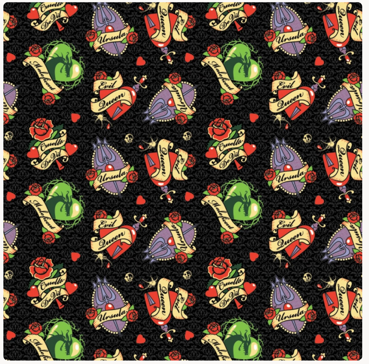 Disney Villain's Tattoo Badges Black Flannel by Camelot Fabrics sold by the Half Yard