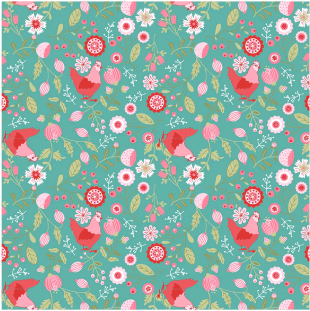Smitten Chicken Aqua SN251120 Lori Woods Poppie Cotton Half Yard
