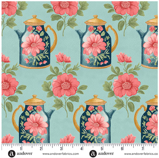 Sparrow Falls Afternoon Tea Teapot Blue A-10390-B1 Michael Nardi Andover Half Yard
