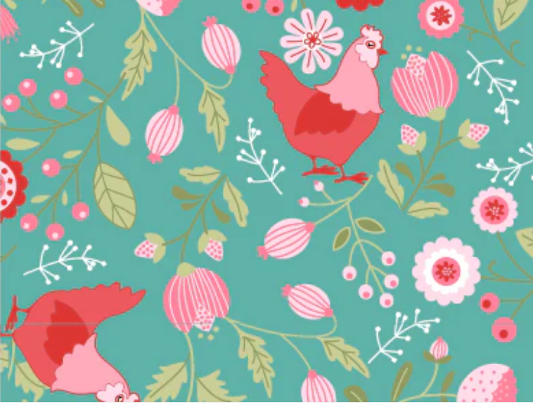 Smitten Chicken Aqua SN251120 Lori Woods Poppie Cotton Half Yard