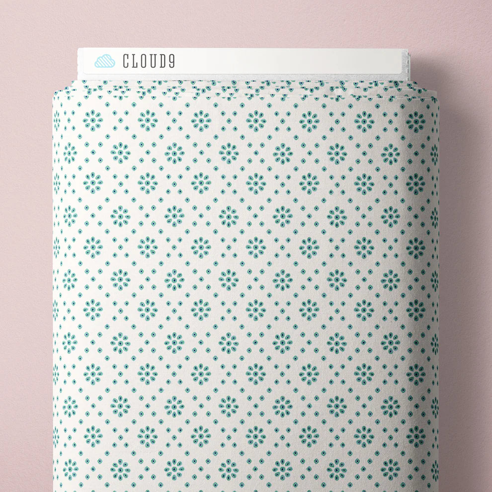 Summers End 229750 Blossom Eyelet Ivory/Green Emily Taylor Cloud9 Half Yard