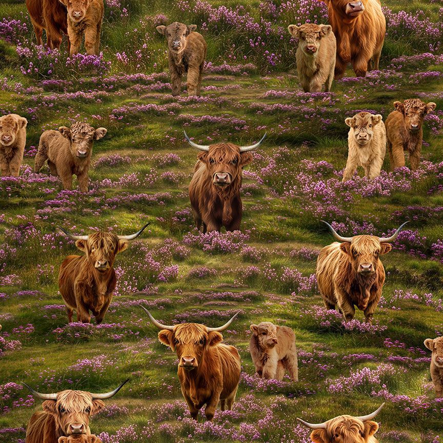 Heather & Highland WEST-CD4396 MEADOW Highland Cows Timeless Treasures Half Yard