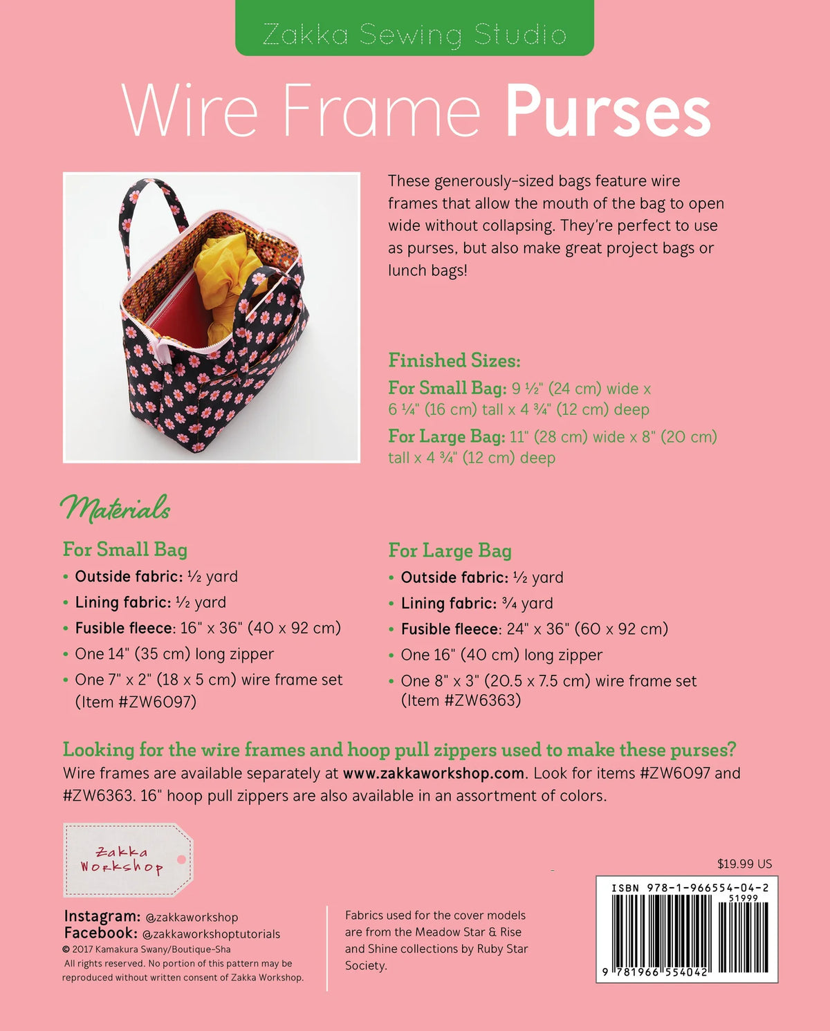 Zakka Workshop Wire Frame Purses Includes Wire Frame & Zipper & Pattern