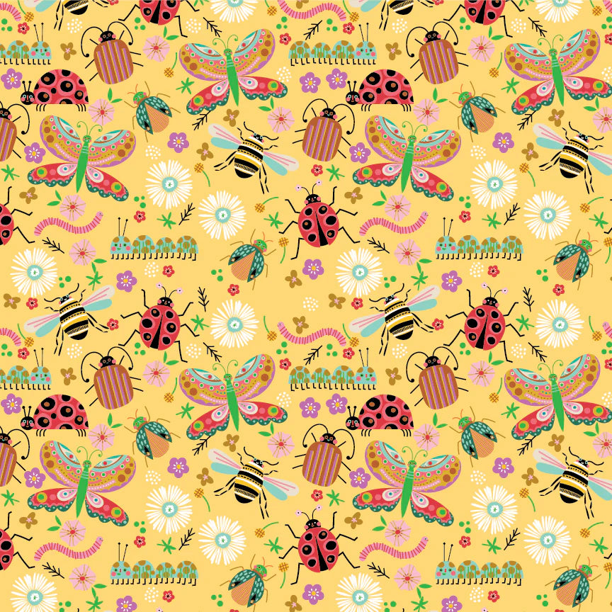 Hey Love Bug Bugs Yellow McKenzie Elston Poppie Cotton BG25130 Half Yard