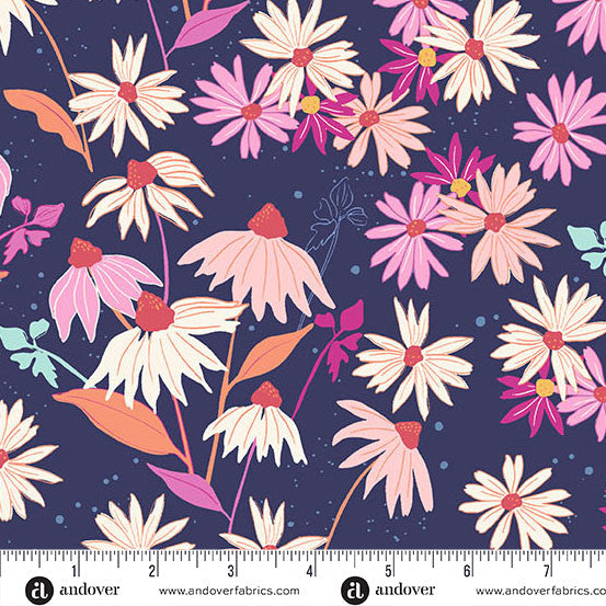 Petals and Stitches Stephanie Organes Echinacea Navy Andover Fabrics A-1566-B By the Half Yard