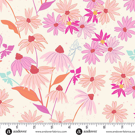 Petals and Stitches Stephanie Organes Echinacea Cream Andover Fabrics A-1566-L By the Half Yard