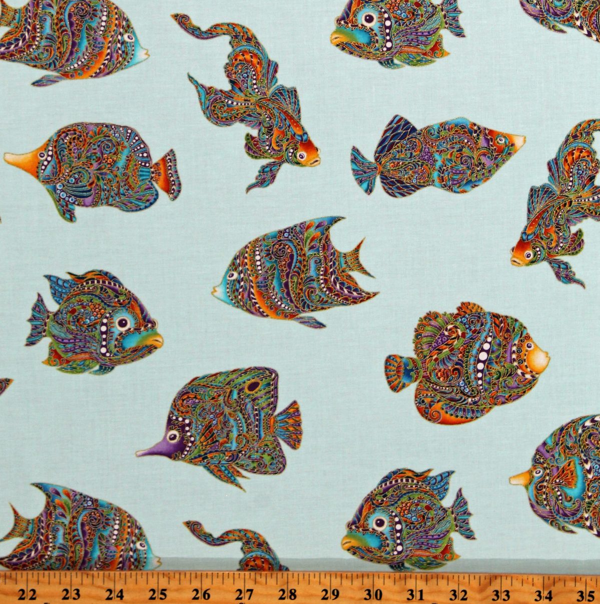 Hooked On Fish 13003M80B Something Fishy Light Turquoise/Multi Ann Lauer Benartex Half Yard