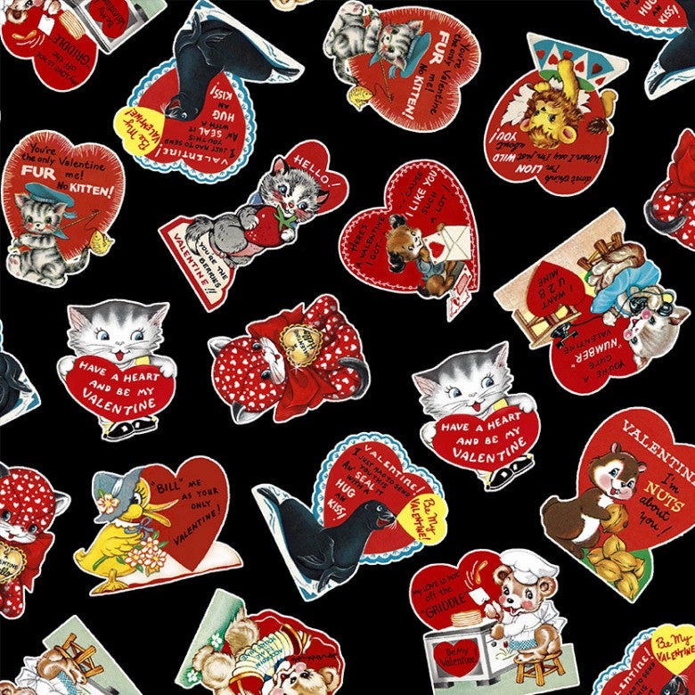 CUTIE PIE BLACK VINTAGE VALENTINES MICHAEL MILLER FABRICS DCX10988-BLAC-D HALF YARD