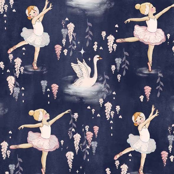 DANCE OF THE SWANS MIDNIGHT SWAN LAKE BELLE & BOO OUT TO PLAY MICHAEL MILLER FABRICS DDC12594-MIDN-D HALF YARD