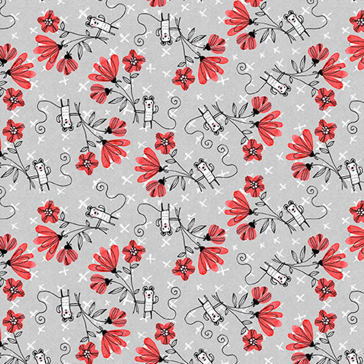 Elephant Joy 1041508B Fun Flowers Light Grey Terry Runyan Benartex Half Yard