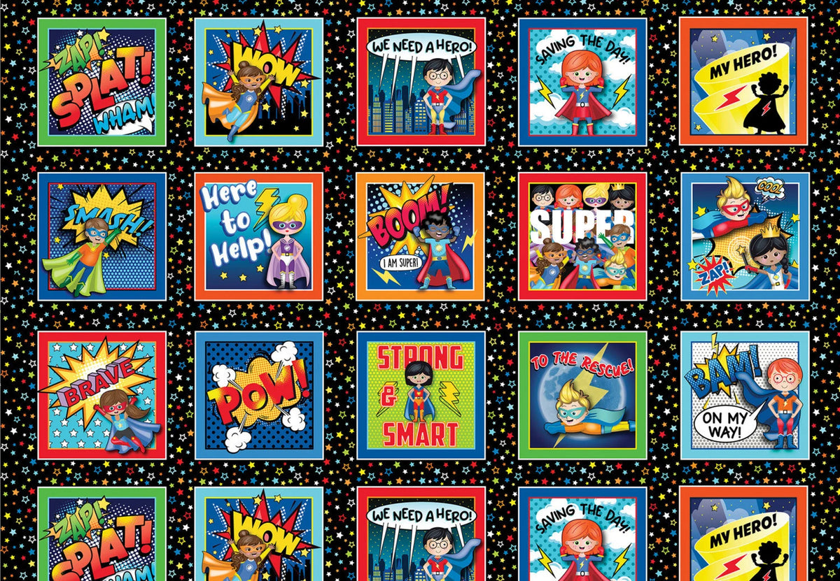 My Hero 1428312B Boxes Black 2/3-Yard Quilt Panel Benartex