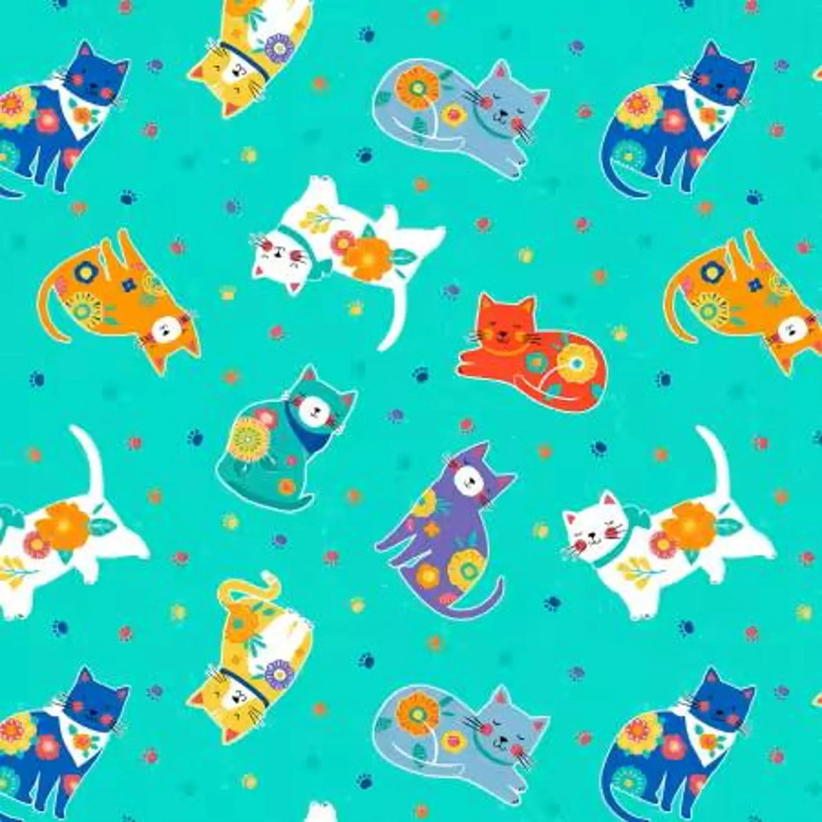 Fe-Line Frisky Teal Cat Toss by Anne Rowan for Wilmington Prints 68580-747 by the Half Yard