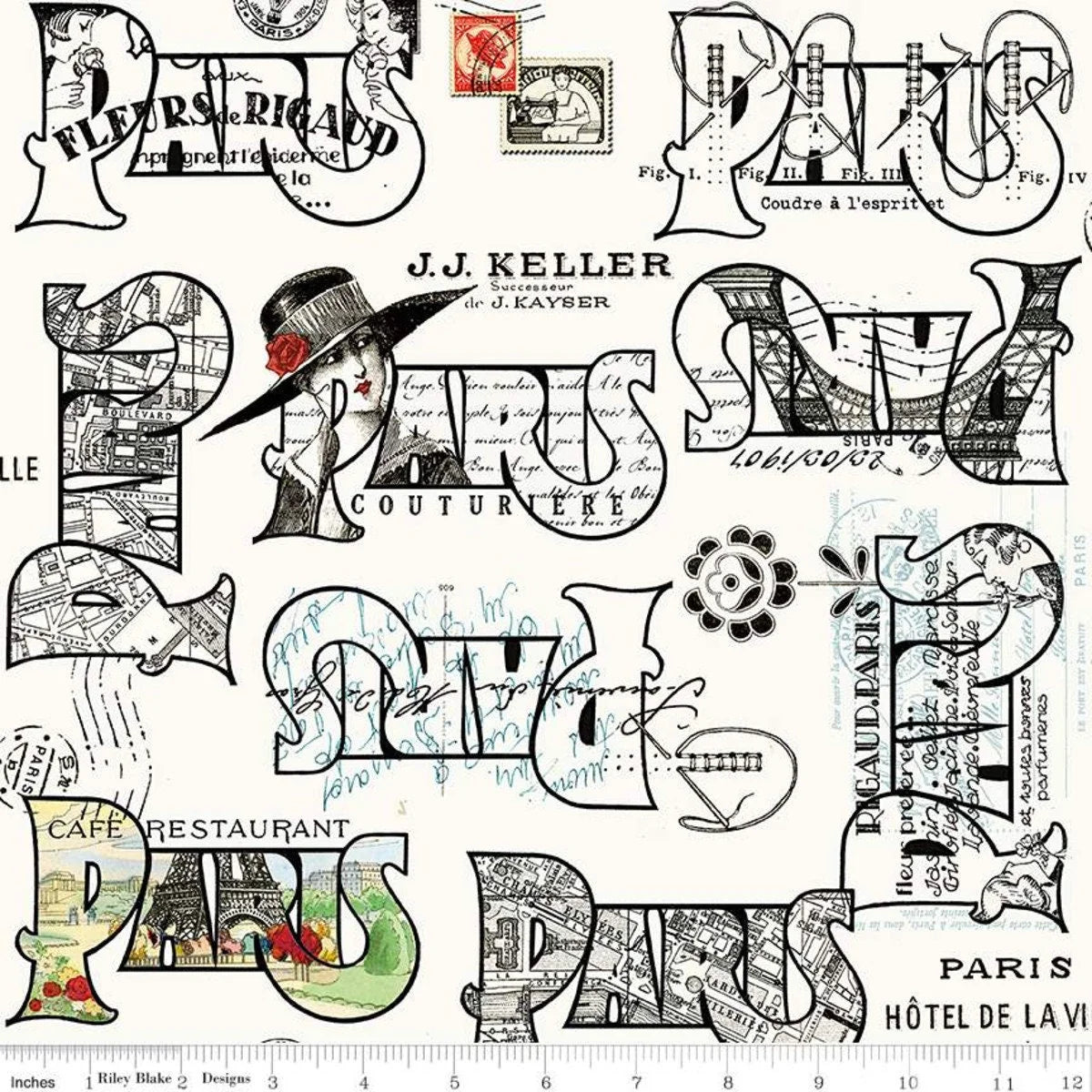 Couturiere Parisienne Cartes Postales Cream C8844-CREAM J. Wecker Frisch Riley Blake Half Yard