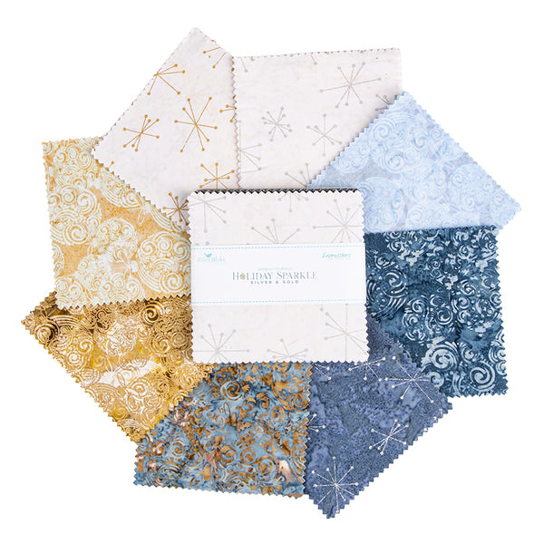 Batiks Express Yourself! Holiday Sparkle Silver & Gold 5" Stacker Charm Pack B 5-23559B-42 Riley Blake