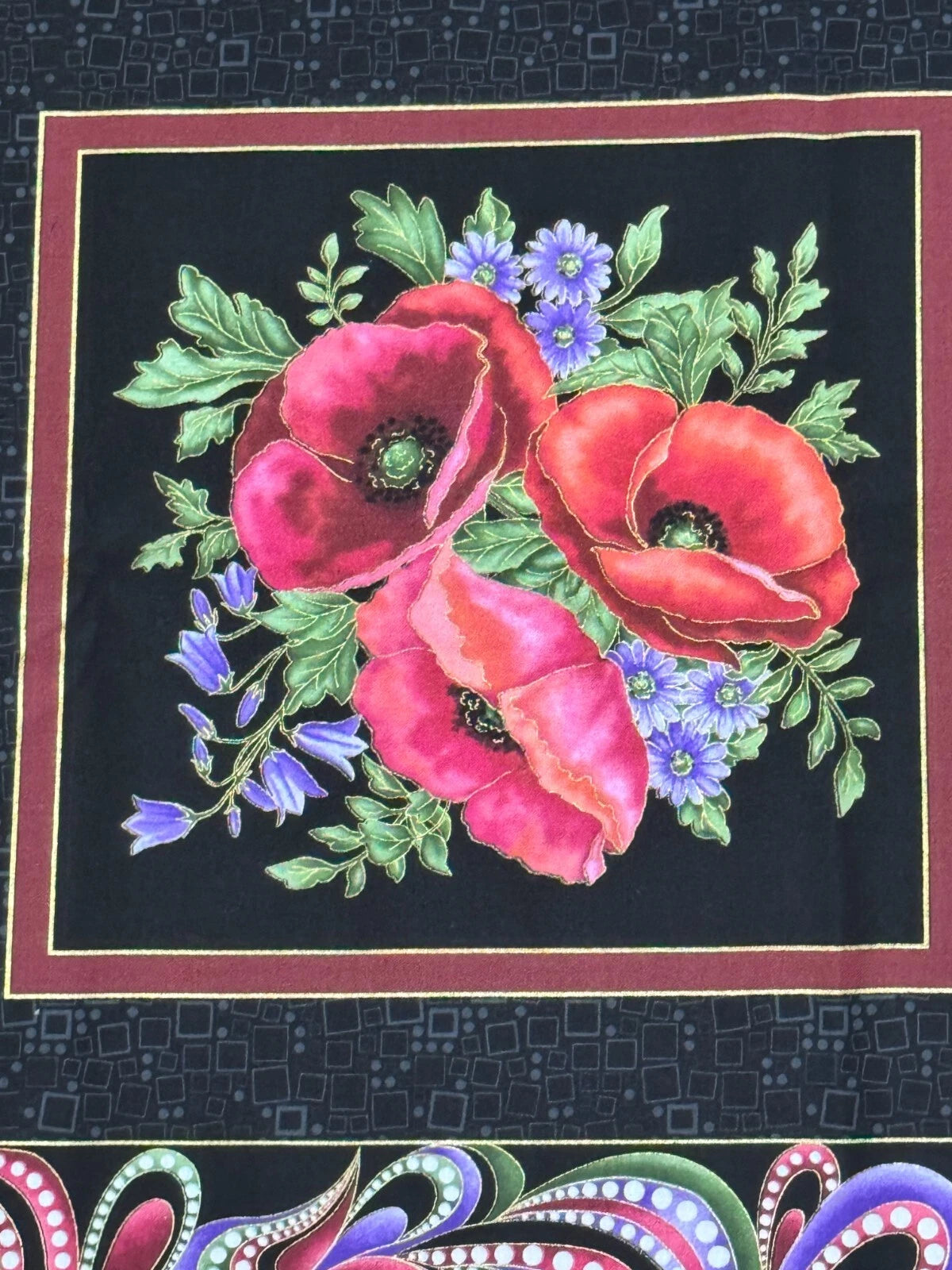 Amazing Poppies 13160M12B Quilt Blocks Panel Black Benartex